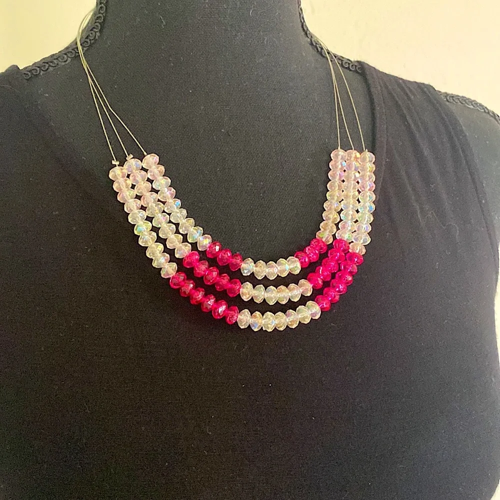 Silver “Invisible” Necklace With White And Hot Pink Beads - Picture 8 of 16